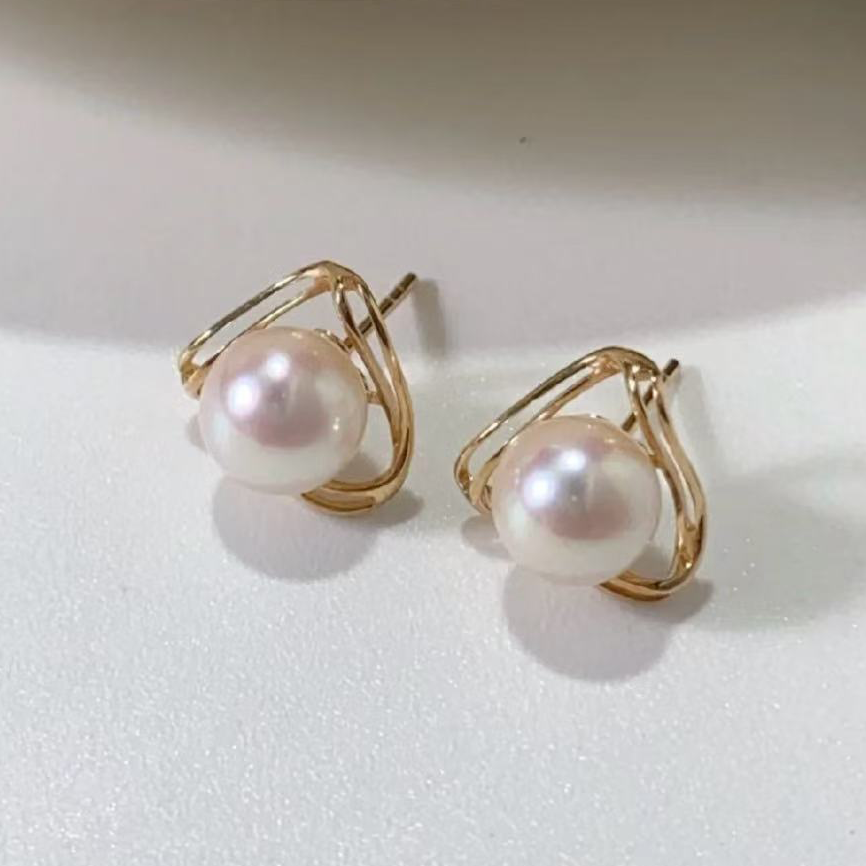 18k金光板6-6.5mm淡水珍珠耳钉配件极简几何三角裸珠diy耳环空托