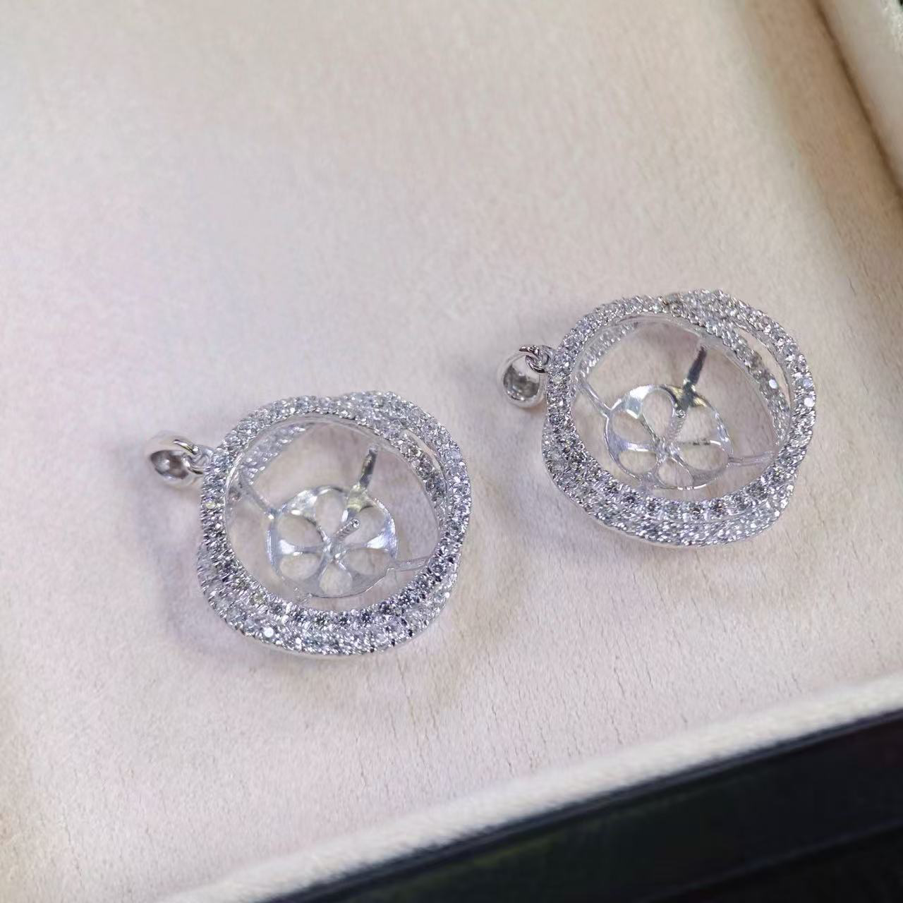 铂金PT900锆石10-11mm海水珍珠吊坠配件轻奢双圈环形设计裸珠空托