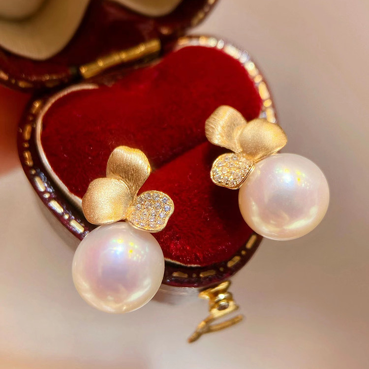 18k黄金色锆石9-10mm淡水珍珠耳钉配件气质大牌三叶正圆裸珠空托