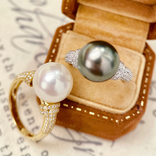 18K金锆石11-12mm海水珍珠戒指配件经典大气款圆形裸珠白金戒托