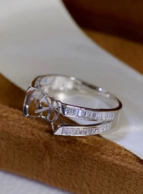 铂金PT900锆石10-11mm海水珍珠戒指配件简约双圈戒臂设计裸珠空托