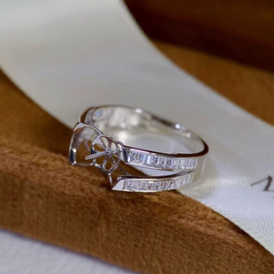 铂金PT900锆石10-11mm海水珍珠戒指配件简约双圈戒臂设计裸珠空托