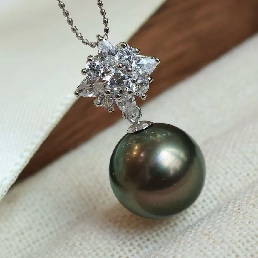 铂金PT900锆石10-13MM海水珍珠吊坠配件经典繁花裸珠diy挂件空托