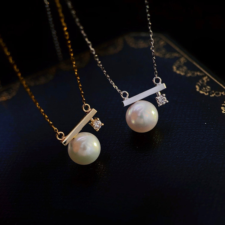 18K金钻石7-8mm淡水珍珠套链配件单钻单珠平衡系列裸珠项链空托