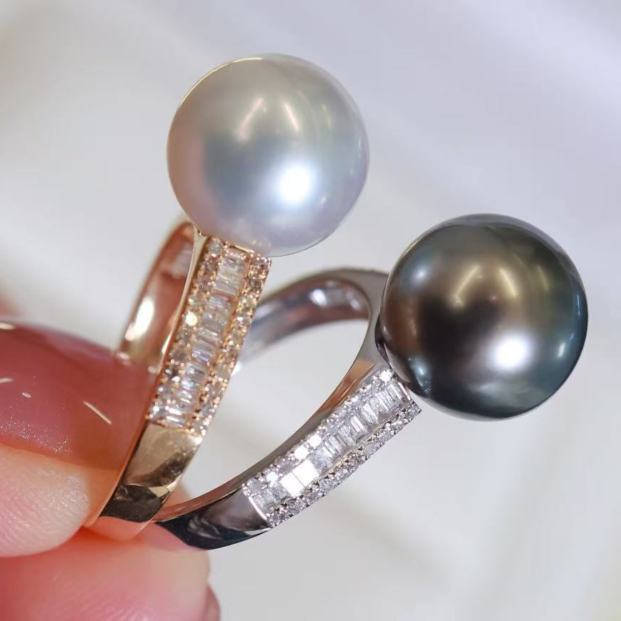 18k金钻石10-11mm淡水珍珠戒指配件经典T方钻设计圆形裸珠diy戒托