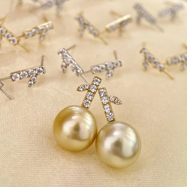 18k黄金色锆石8-10mm海水珍珠耳钉配件气质苹果圆形裸珠白金空托