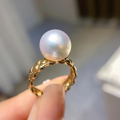 18k金珍珠戒指空托菱格厚金戒托