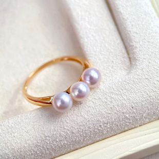 18K黄金色5mm天然淡水珍珠戒指配件轻奢迷你多珠排戒百搭裸珠空托