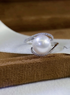 PT900铂金莫桑石镶嵌9-10mm天然珍珠戒指配件空托DIY扭臂简约款