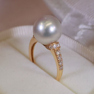 18k金锆石10-11mm淡水珍珠戒指配件简约大气百搭款裸珠白金戒托