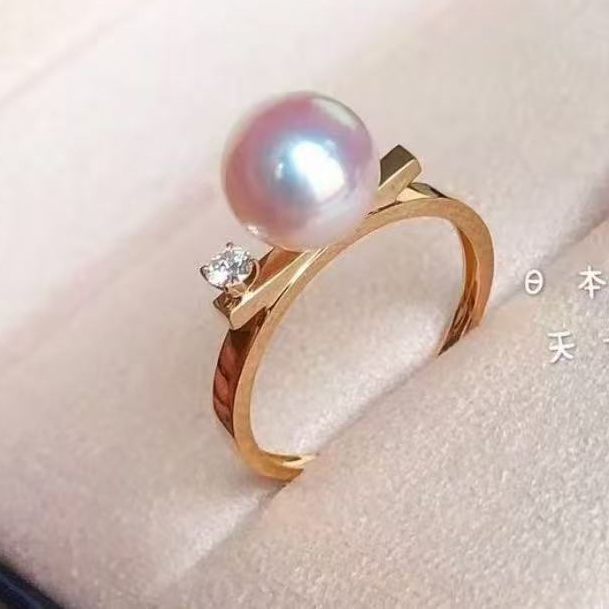 18k金锆石8-9mm淡水珍珠戒指配件经典单珠平衡系列裸珠戒托空托