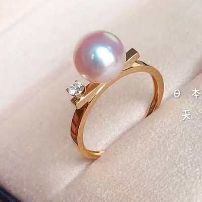 18k金锆石8-9mm淡水珍珠戒指配件经典单珠平衡系列裸珠戒托空托