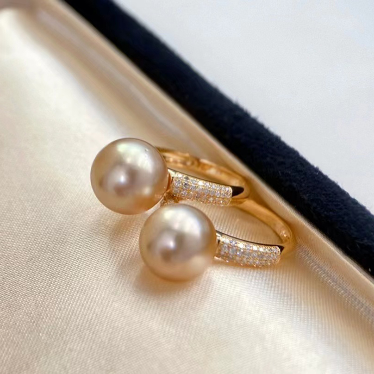 18K黄金色钻石10-13mm海水珍珠戒指配件气质圆形裸珠指环白金空托