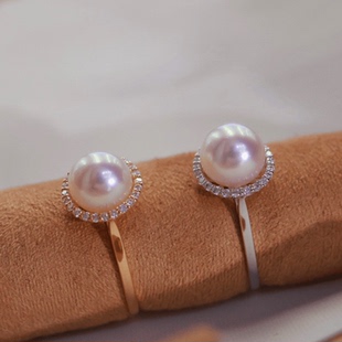 18k金莫桑石7mm海水akoya珍珠戒指配件精致太阳花白金裸珠diy戒托