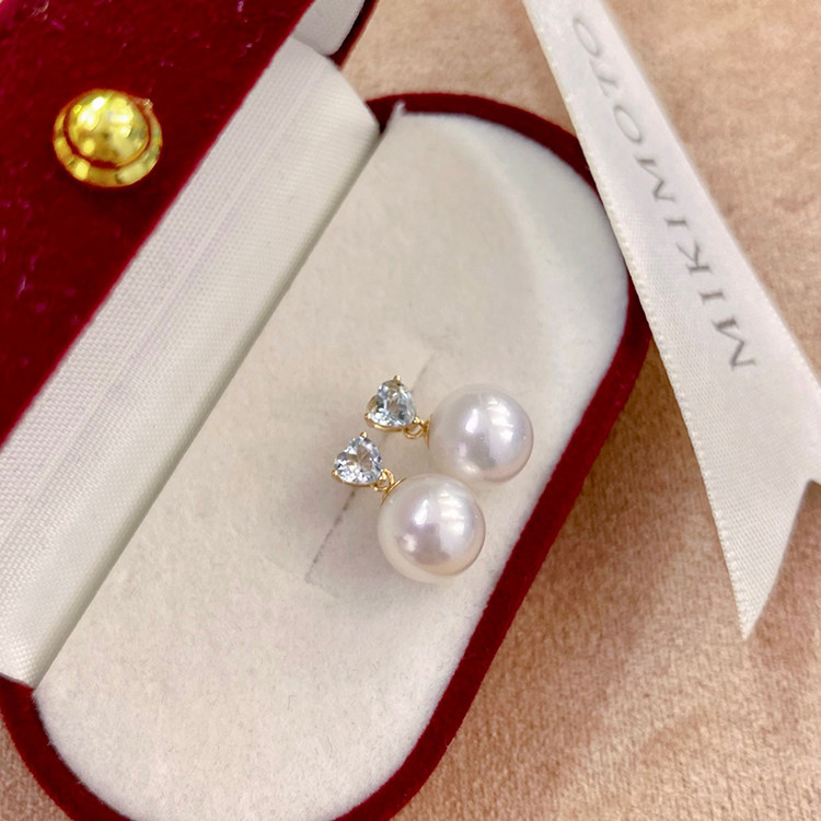 18K黄金色心形海蓝宝7-10mm淡水珍珠耳钉配件百搭圆形裸珠耳饰托