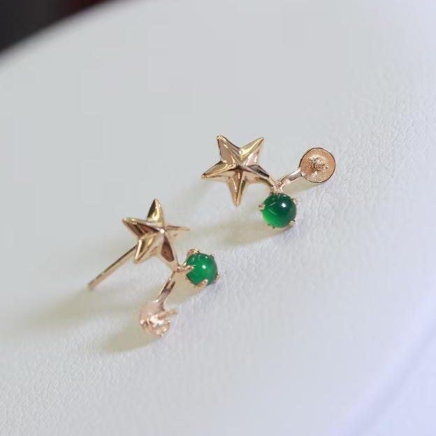 18K金翡翠6-7mm淡水珍珠耳钉配件精致五角星设计裸珠diy耳环空托