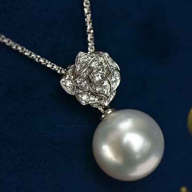 铂金PT900锆石10-15mm海水珍珠吊坠配件精致山茶花设计裸珠空托
