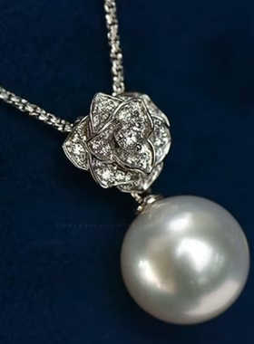 铂金PT900锆石10-15mm海水珍珠吊坠配件精致山茶花设计裸珠空托