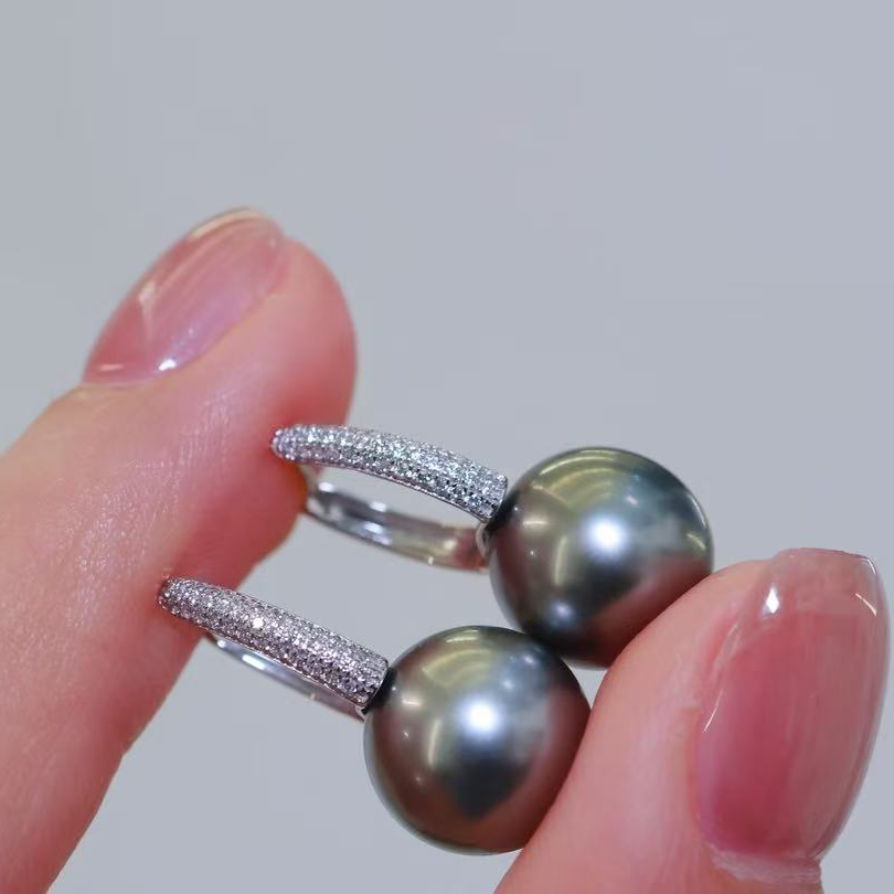 18k金锆石10-13mm淡水珍珠耳圈配件经典水桶款满锆设计耳钉空托