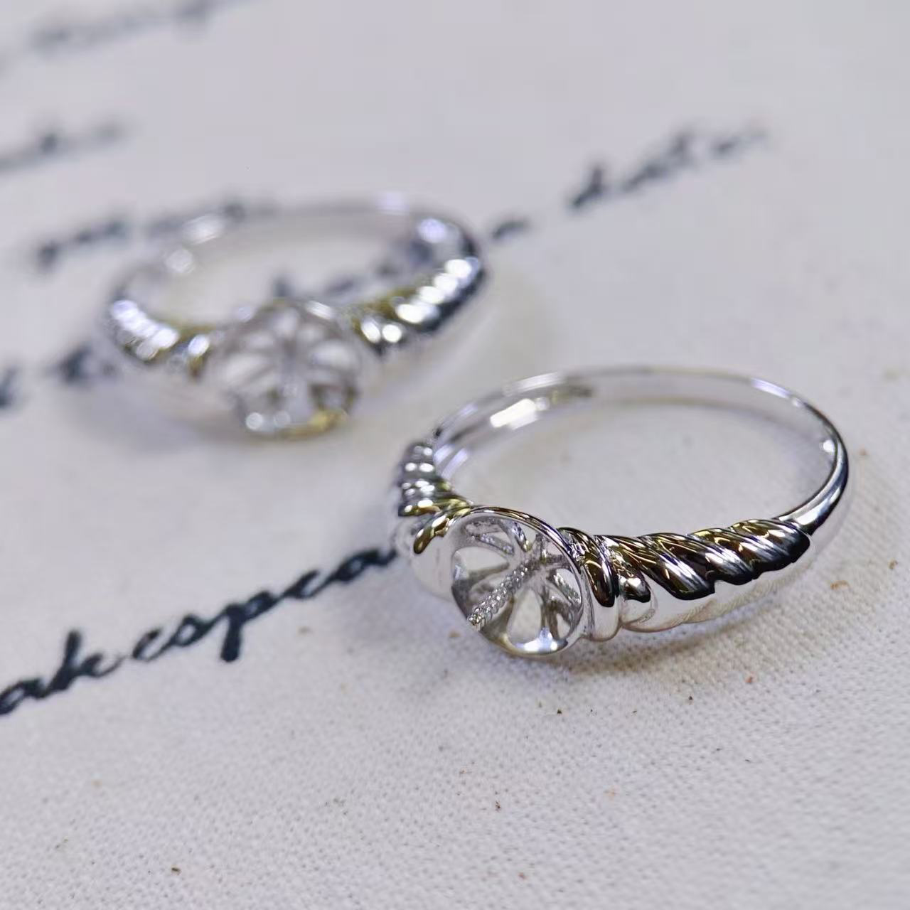 铂金PT900光板10-11mm淡水珍珠戒指配件百搭螺旋螺纹设计diy空托