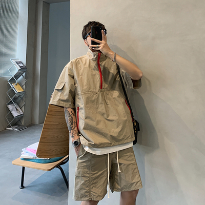 设计感美式宽松立领冲锋衣套装