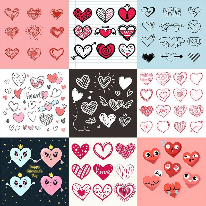 qr-18手绘涂鸦创意心形爱心桃心520七夕情人节元素插画ai矢量素材