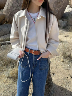 韩国春季atmosphere 复古简约翻领拉链设计宽松长袖夹克外套女