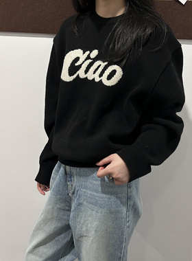 韩国atmosphere 冬季字母羊毛圆领长袖针织衫女宽松显瘦