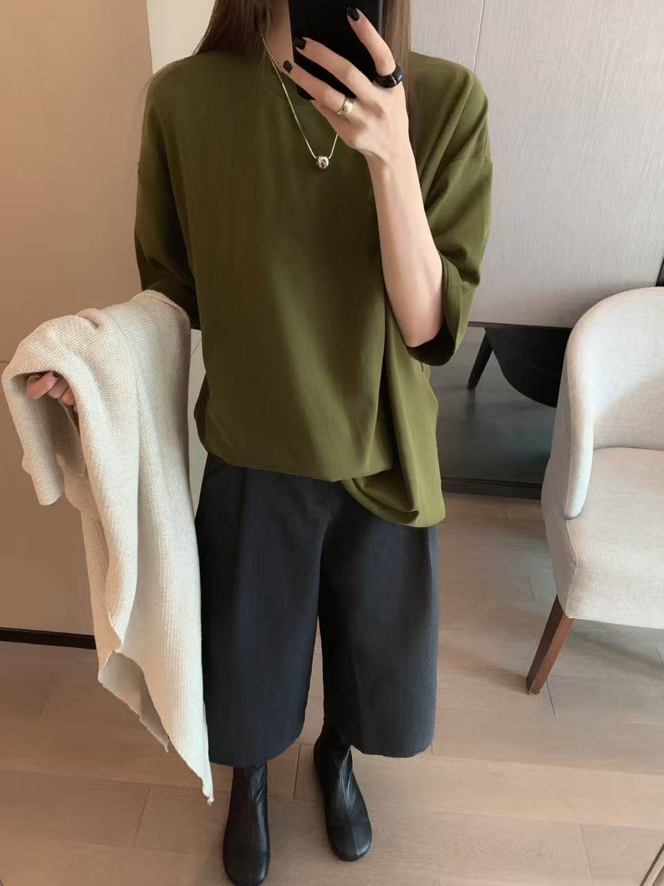 WANSCHIC磨毛纯色宽松圆领落肩长款大版短袖T恤