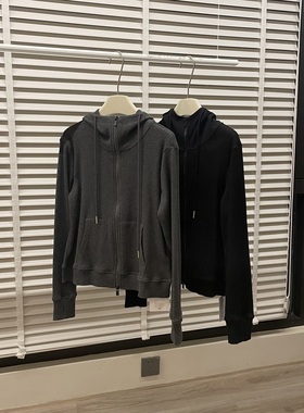 america/秋季美式复古正肩黑灰坑条纹理拉链帽衫 修身短款卫衣