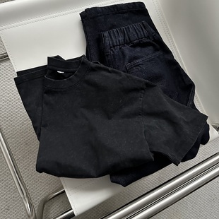 低调有质感的春夏重工水洗黑全棉短袖T恤 舒适百搭宽松大版圆领T