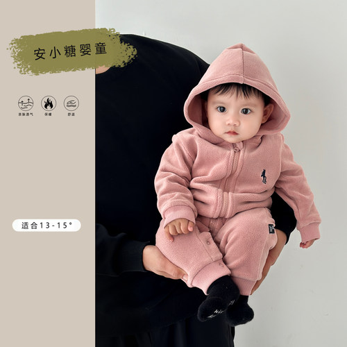 韩版宝宝春装奥粒绒连体衣超洋气拉链外套薄绒外出爬服婴儿衣服潮