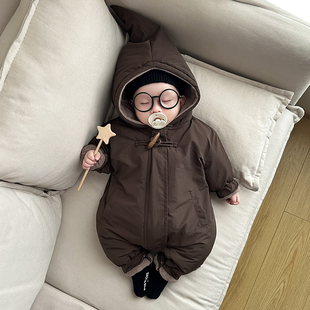 韩版 婴儿连体衣可爱夹棉加厚哈衣宝宝秋冬加绒棉服外出爬服潮 冬装