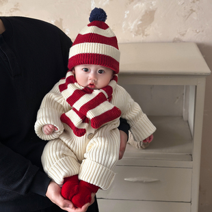 ins韩版宝宝春装针织连体衣超洋气哈衣新年外出爬服婴儿衣服