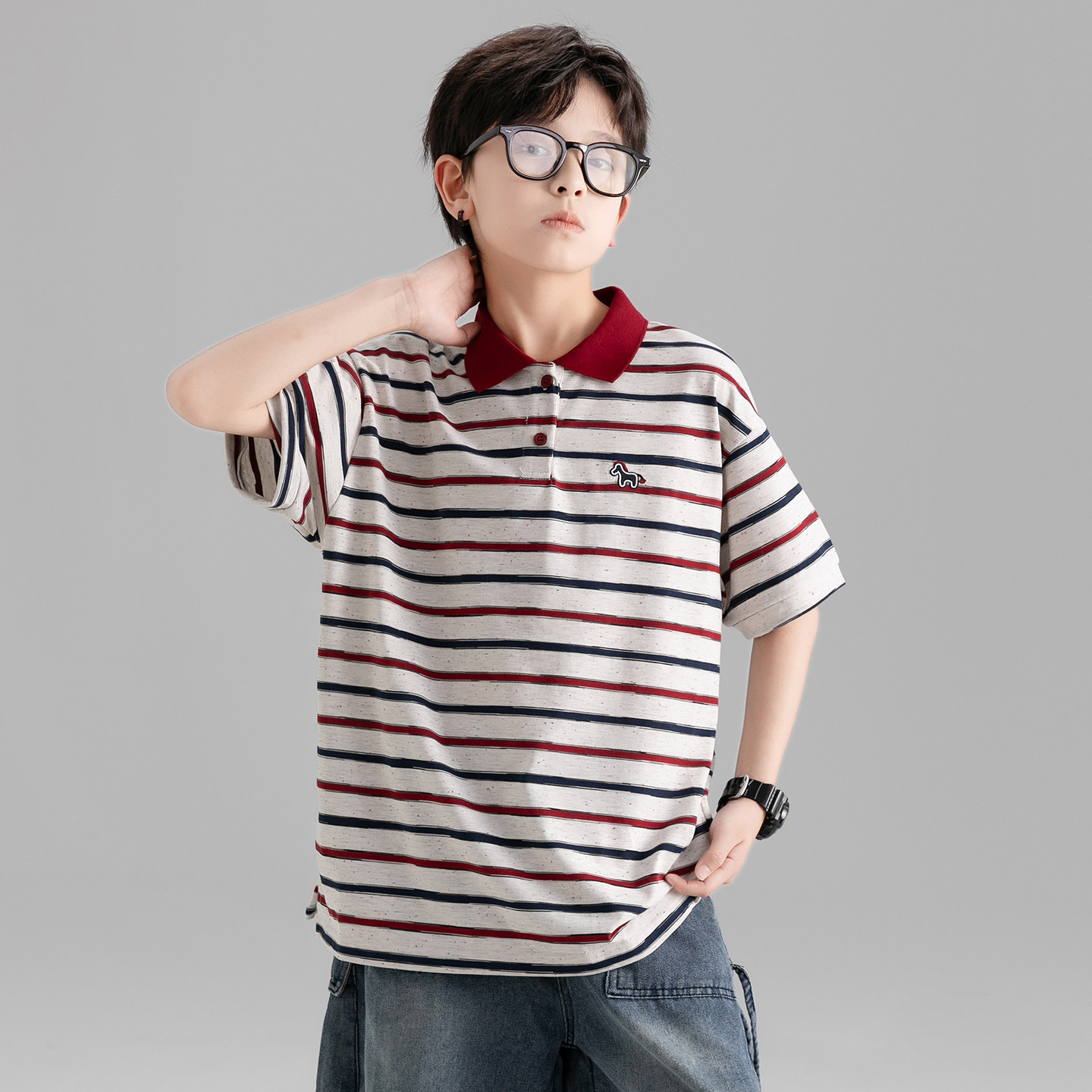 男童夏季条纹拼色polo衫短袖T恤2026新款中大童儿童翻领上衣夏装t