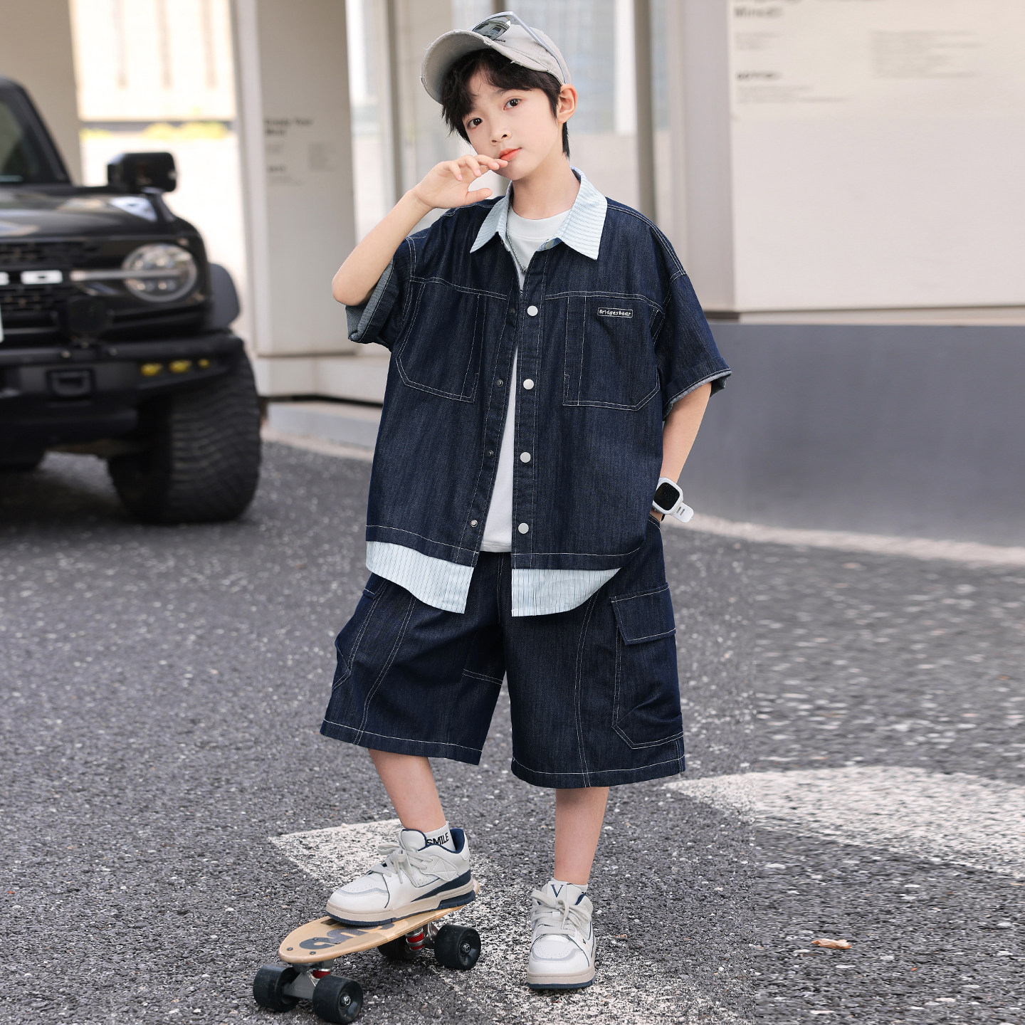 男童夏季薄款牛仔短袖短裤套装