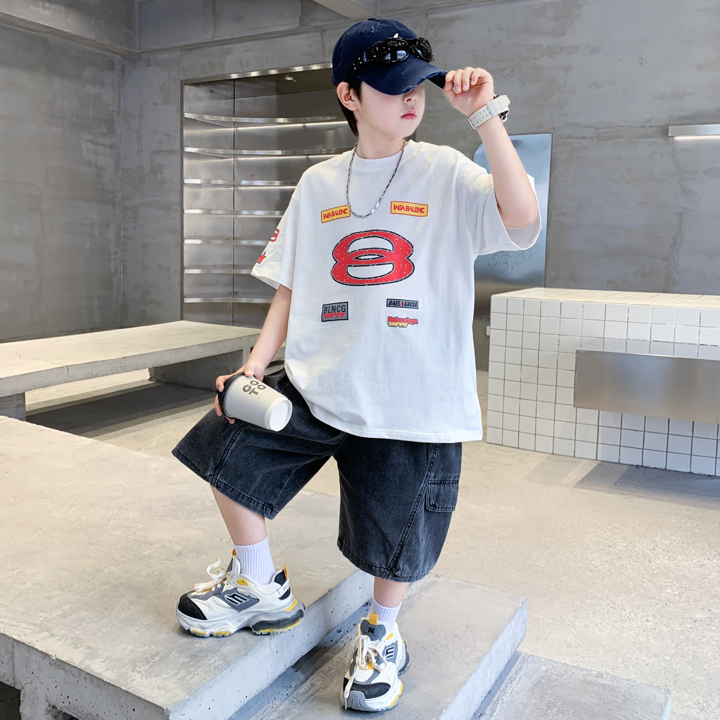 男童夏季短袖套装2026新款中大童儿童薄款T恤夏装牛仔短裤两件套t