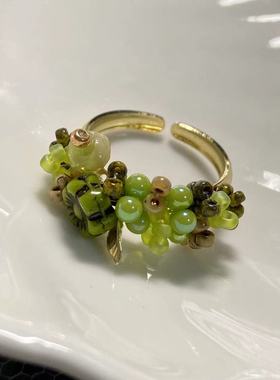 捷克琉璃毕加索复古绿色花朵手工串珠开口戒指 指环 原创小众设计