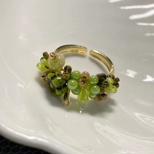 捷克琉璃毕加索复古绿色花朵手工串珠开口戒指 指环 原创小众设计