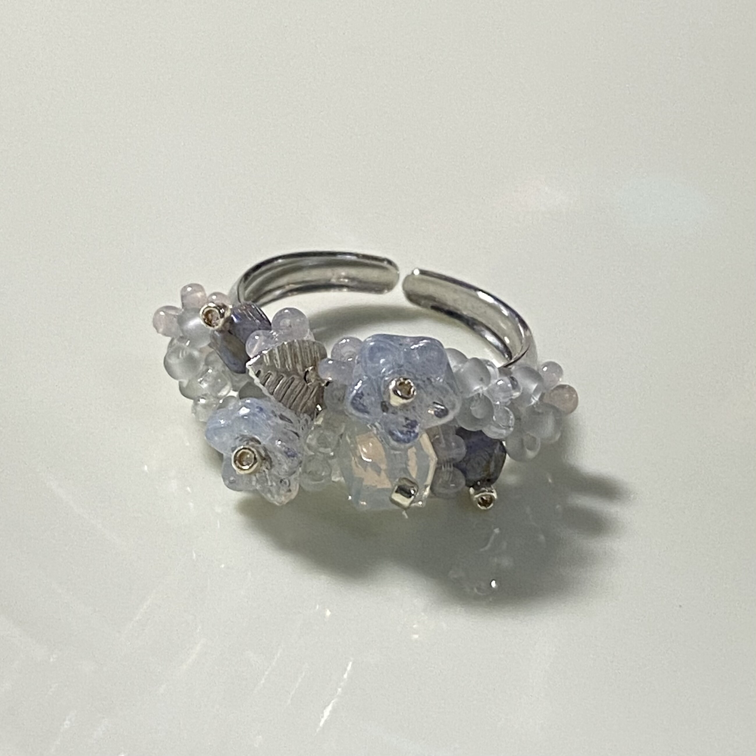 层岚 捷克进口琉璃灰色花朵水晶原创设计手工串珠开口戒指 指环