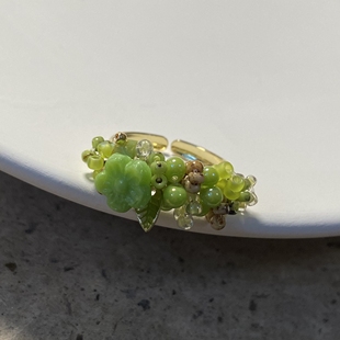 原创捷克琉璃毕加索复古绿色花朵手工串珠开口戒指 指环 小众设计