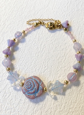 茵娜原创 粉蓝色复古干枯玫瑰捷克轻奢串珠手链 小众设计饰品A