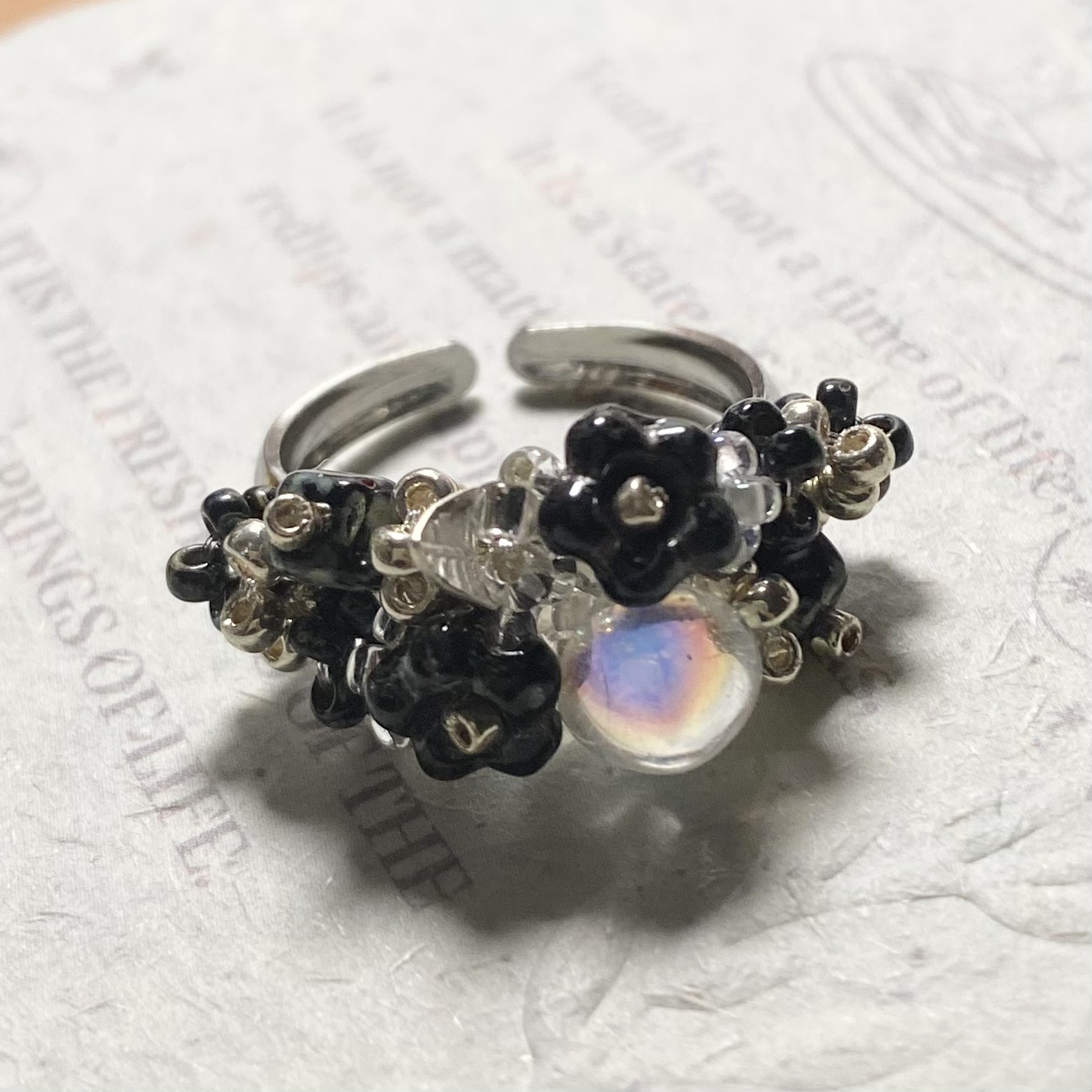 茵娜捷克琉璃毕加索复古黑银色花朵手工开口戒指 指环 小众设计