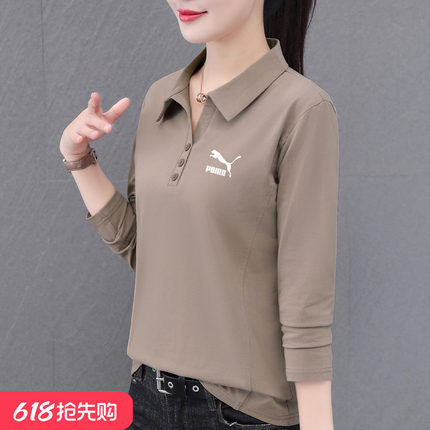 奥莱专柜休闲长袖t恤女春秋季新款POLO衫大码宽松纯棉翻领上衣T