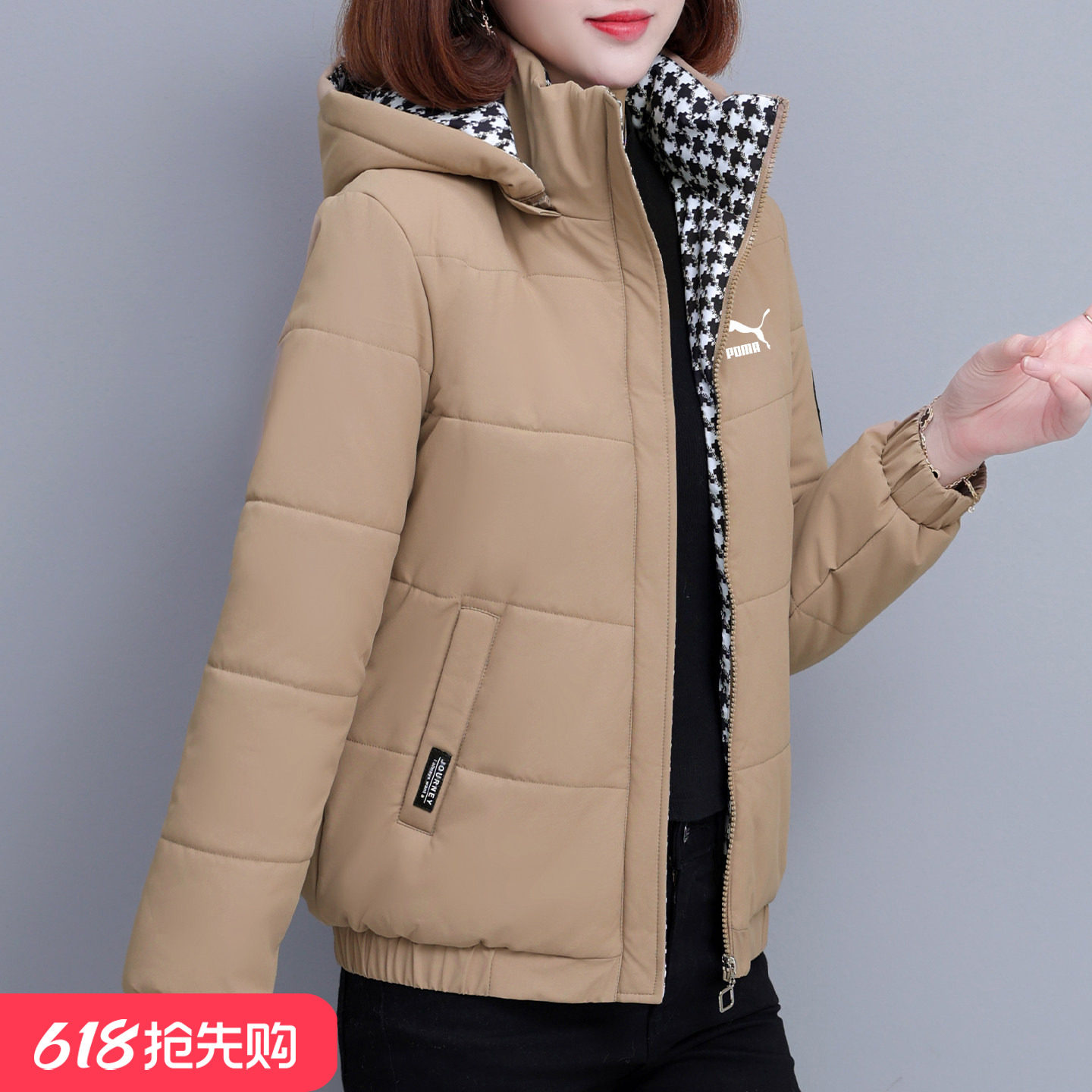 奥莱专柜时尚加绒连帽棉服女士秋冬新款优雅个性修身保暖棉衣外套