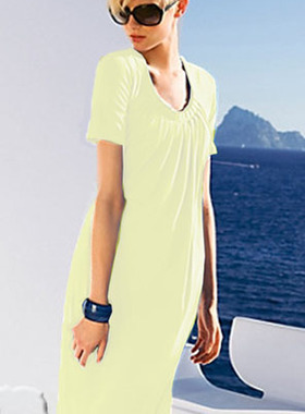 冲钻特惠！欧美原单KING FIRST舒适莫代尔小褶皱淡黄色宽松连衣裙