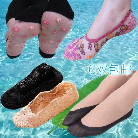 隐形船袜女夏 蕾丝冰丝玻璃丝船袜 无痕浅口纯棉短袜套 6双包邮
