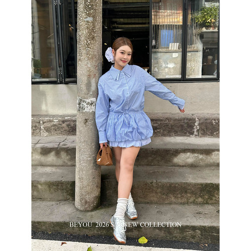 微胖春夏翻领假两件条纹连衣裙