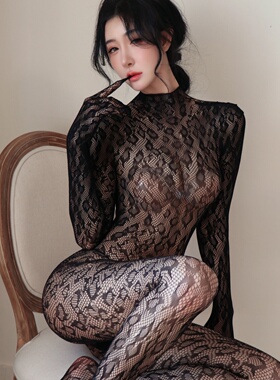 长夜漫漫性感连体网衣透视女豹纹露背连身袜黑色透视长袖连身网袜