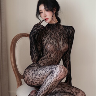长夜漫漫性感连体网衣透视女豹纹露背连身袜黑色透视长袖连身网袜